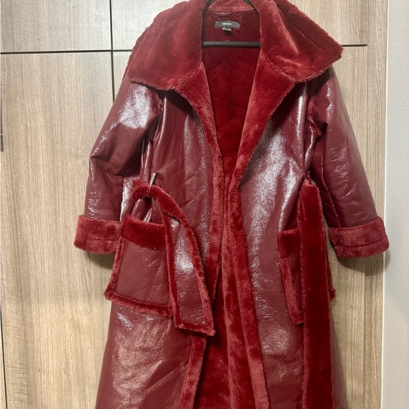 Forever 21 Red Faux Leather & Fur Trench Coat - Picture 1 of 5